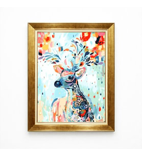 Tablore Renkli Soyut Geyik ve Çiçek Boynuz İllüstrasyonu Altın Çerçeveli Çocuk Odası Salon Tablosu