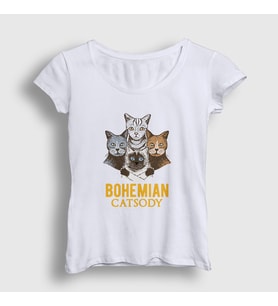 Presmono Kadın Beyaz Bohemian Catsody Queen Kedili T-Shirt 423009tt (Beyaz)