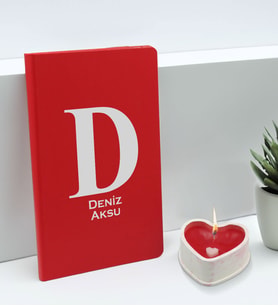 BK Gift Kişiye Özel İsimli Kırmızı Defter ve Kalp Taş Obje Kokulu Mum Hediye Seti-6, Sevgiliye Hediye, Arkadaşa Hediye