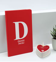 BK Gift Kişiye Özel İsimli Kırmızı Defter ve Kalp Taş Obje Kokulu Mum Hediye Seti-6, Sevgiliye Hediye, Arkadaşa Hediye