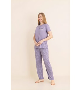 Kadın Pijama Takımı-Menekşe Kumaş-3 Düğmeli-Yaka Baskılı-12606SF ENİSENA (Lila)