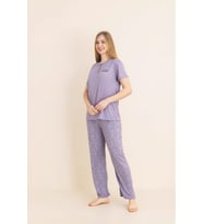 Kadın Pijama Takımı-Menekşe Kumaş-3 Düğmeli-Yaka Baskılı-12606SF ENİSENA (Lila)