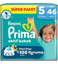 Prima Aktif Bebek Bebek Bezi 5 Beden 11-16 KG Junior 46 Adet Süper Pk