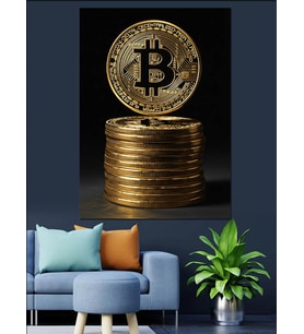 Altın Bitcoin Para Yığını Dekoratif Kanvas - Mdf Ahşap Tablo