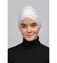 Üç Bantlı Çapraz Dış Tesettür Bonesi Hazır Türban (Ekru)