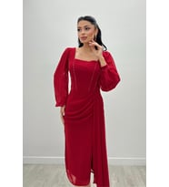 Atlas Kumaş Boncuk Detaylı Şifon Kol Kalem Elbise - KIRMIZI