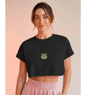 Minimal British Longhair Kedi Baskılı Beyaz Crop Tişört Kadın Rahat Kalıp (Siyah)