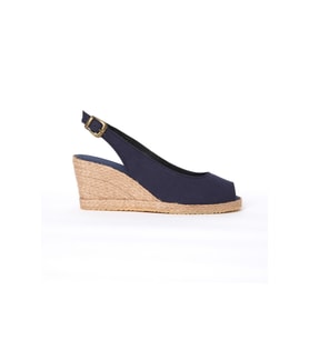 Gerçek Elişi Burnu Açık Arkası Bantlı Dolgu Topuk Lacivert Keten Hasır Espadril Handmade