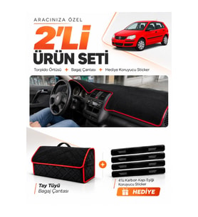 VOLKSWAGEN POLO DÜRBÜN (2001-2009) Uyumlu Torpido Örtüsü + Tay Tüyü Bagaj Çantası Seti - Siyah Kırmızı