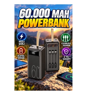 60.000 mAh Yüksek Kapasiteli Hızlı Şarj Destekli Taşınabilir Powerbank – 4 Kablolu
