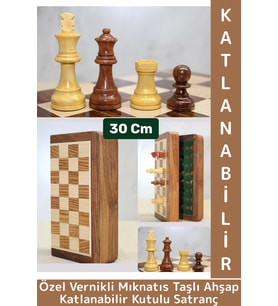 Premium Yüksek Kaliteli Özel Vernikli Mıknatıs Taşlı Ahşap Katlanabilir Kutulu Satranç Takımı 30 Cm
