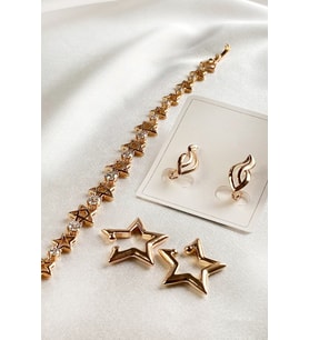 Pirinç Gold Zirkon Taşlı Yıldız Bileklik ve İki Küpe