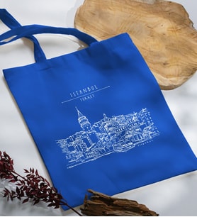 BK Gift İstanbul Tasarımlı Mavi Kumaş Bez Çanta, Baskılı Omuz Çantası, Alışveriş Çantası, Arkadaşa Hediye-4