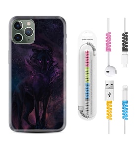 Apple iPhone 11 12 13 14 Pro Max Kılıf Kablo Koruma Spiral Silikon Black Purple Wolf 1791