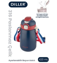 DILLER 420 ML Pipetli/Pipetsiz Tek Kapak Çift Kullanım Askılı Çelik Termos Su Matarası 6 saat sıcak/soğuk