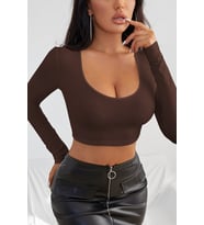 Kadın Kahverengi Uzun Kol Kare Yaka Crop Top Bluz