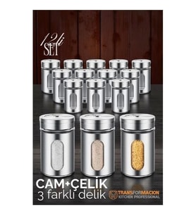 CEYLAN ADAM  Cam+Çelik Tuzluk Biberlik Karabiberlik 3 Farklı Delikli 12 li SET