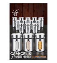 CEYLAN ADAM  Cam+Çelik Tuzluk Biberlik Karabiberlik 3 Farklı Delikli 12 li SET