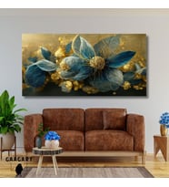 Panoramik Kanvas Duvar Tablosu Mavi Gold Çiçek Tasarımı