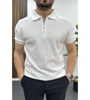 Erkek Nokta Desenli Polo Yaka Tişört Beyaz Edw462