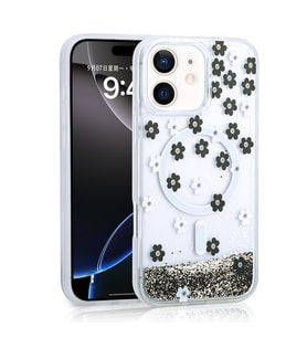 iPhone 12 / İphone 12 Pro Kılıf Sıvılı Simli Baskılı Şeffaf Arka Yüzey Mossa Silikon Kılıf (Siyah)