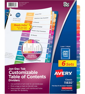 Avery 3 Halkalı Kitap Için Aylık Ayraç, Ayarlanabilir Içindekiler, Çok Renkli, 6 Set (11830)
