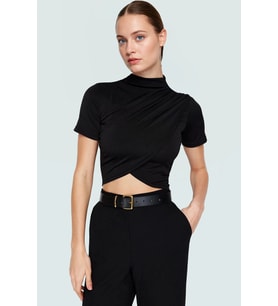 Kadın Kısa Kollu Örme Crop Bluz Dik Yaka Şık Yazlık Rahat Ve Dayanıklı Malzeme (Siyah)