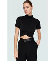 Kadın Kısa Kollu Örme Crop Bluz Dik Yaka Şık Yazlık Rahat Ve Dayanıklı Malzeme (Siyah)