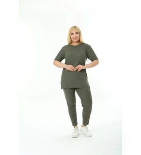 Kadın Kısa Kollu Beli Lastikli Yırtmaçlı Rahat Kalıp İkili Pijama Takım (Haki)