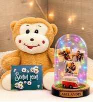 Kişiye Özel 3 Fotoğraflı Renkli LED Işıklı Fanus(vosvoslu) ve Peluş Maymun Sevgiliye Hediye Kadına Hediye