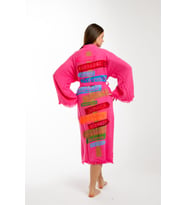 Müslin Kimono %100 Pamuklu Karayip Adaları Baskılı Bornoz Kaftan Sabahlık (Fuşya)