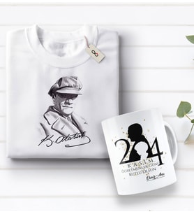 BK Gift Kişiye Özel Öğretmenler Günü Tasarımlı Kupa Bardak ve Atatürk Baskılı Tişört Hediye Seti- 1-5, Öğretmene Hediye, Öğretmenler Günü, 100. Yıl Hediyesi
