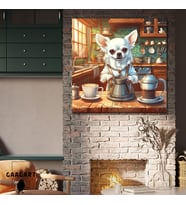 Kare Kanvas Kahve Köşesi Cafe Tablosu Barista Beyaz Chihuahua