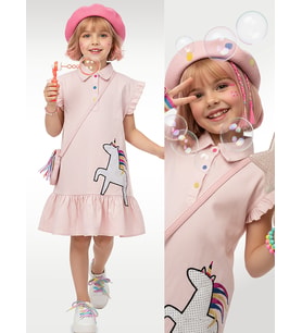Kız Çocuk Elbise Unicorn Aplikeli %100 Pamuk Gömlek Stil Elbise 4-9 Yaş (Pembe)
