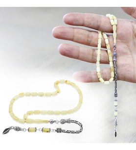 925 Ayar Gümüş Kral Püsküllü Mini Boy Kapsül Kesim Soft Sarı Beyaz Doğal Damla Kehribar Tesbih
