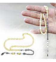 925 Ayar Gümüş Kral Püsküllü Mini Boy Kapsül Kesim Soft Sarı Beyaz Doğal Damla Kehribar Tesbih