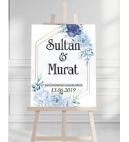Söz Nişan Düğün İçin 50x70 Karşılama Panosu - Mavi Çiçek Tasarımlı 003