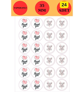 24 Adet - Thank You & Handmade With Love Sticker - Paketleme Sticker - Hediye Sticker -