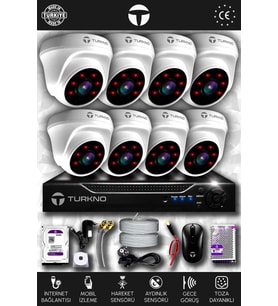 TURKNO 8 Kameralı Domia 8 İç Kamera Set 100 GB HDD Full HD Gece Görüşlü Güvenlik Kamerası Sistemi
