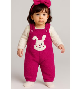 Tavşan Nakışlı Kışlık Peluş Welsoft Bebek Tulum-Fuşya