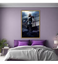 Metal Çerçeveli Cam Tablo Film Karakteri Thor ve Çekiç Portresi (Gold)