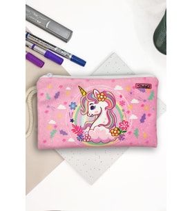 Unicorn Bahar Desenli Kalem Kutusu Yıkanabilir Bez Kalemlik  (Pembe)