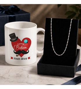 BK Gift Kişiye Özel Babalar Günü Tasarımlı Beyaz Kupa & Yaprak Model Zincir Kolye -1, Babalar Günü Hediyesi