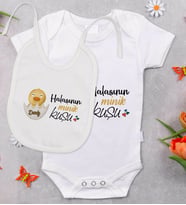 BK Kids Kişiye Özel Halasının Minik Kuşu Tasarımlı Bebek Body Zıbın ve Mama Önlüğü Hediye Seti - Model 1
