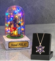 Renkli Led Işıklı Kişiye Özel Fanus ve Gerçek Ametist Taşlı Lotus Kolye (Model 1)