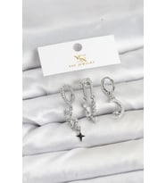 Pirinç Gümüş Renk Zirkon Taşlı Uzay Model YSX Trio Küpe Seti - TJ-BKP11569