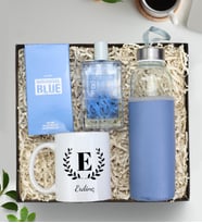 Kişiye Özel Baskılı Kupa & Deri Kılıflı Su Matarası & Individual Blue Erkek Parfüm Hediye Seti