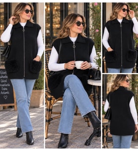 Kadın Angora Cepli Fermuarlı Yakalı Yelek