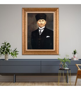 Altın Varaklı Çerçeveli Paspartulu Atatürk Tablo z4581 (Gold)
