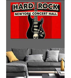 Siyah Elektro Gitar Görselli Hard Rock Konser Afişi Kırmızı Fon Dekoratif Kanvas - Mdf Ahşap Tablo